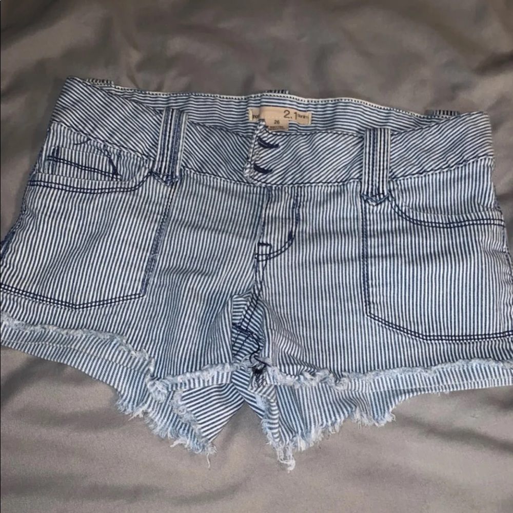 Blue and white pinstriped jean shorts